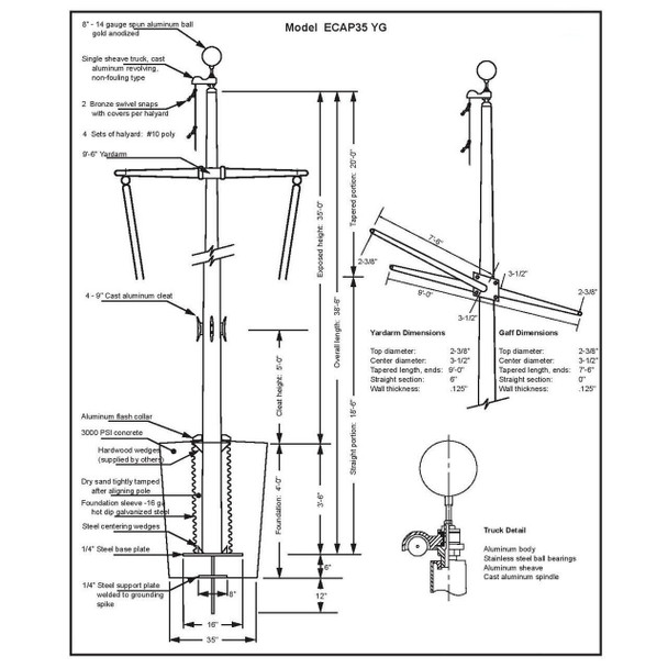 35 Nautical Flagpole w/ Yardarm, Gaff, and Collar ECAP35YG