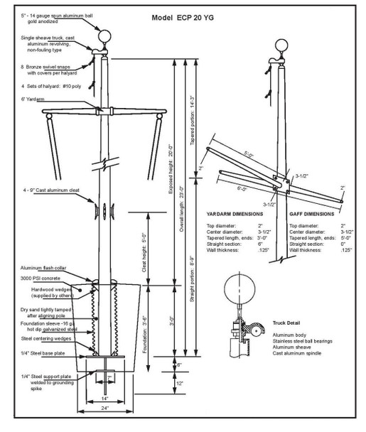 20 Nautical Flagpole w/ Yardarm, Gaff and Collar ECP20YG