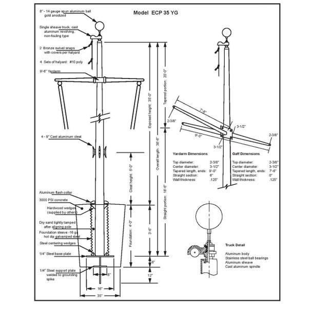 35 Nautical Flagpole w/ Yardarm, Gaff and Collar ECP35YG