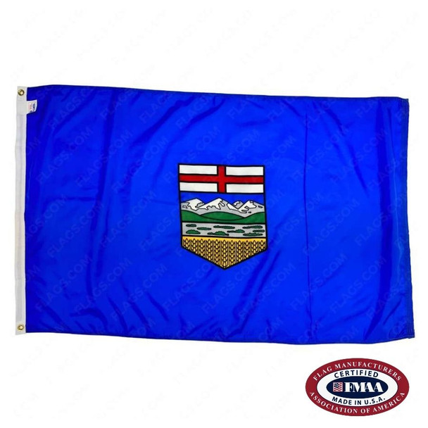 The Alberta flag is dark blue with a shield in the center containing St. George’s Cross above a mountain range. FMAA Certified Made in America seal.