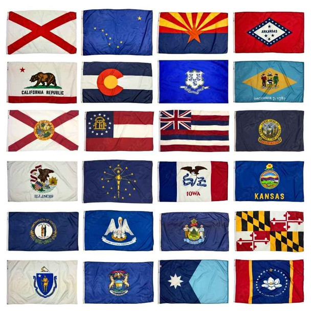 24 of the US state flags in alphabetical order.