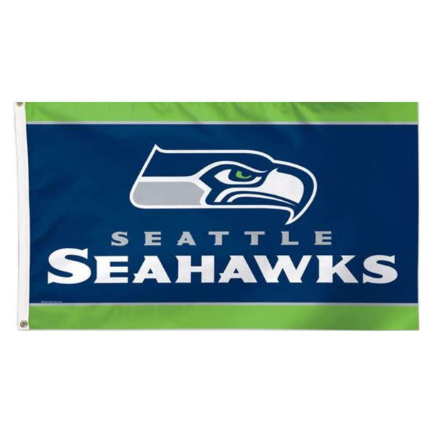 A Seattle Seahawks flag featuring a navy field with a green horizontal stripe on the top and bottom. The center has the Seattle Seahawks with "Seattle Seahawks" below it.