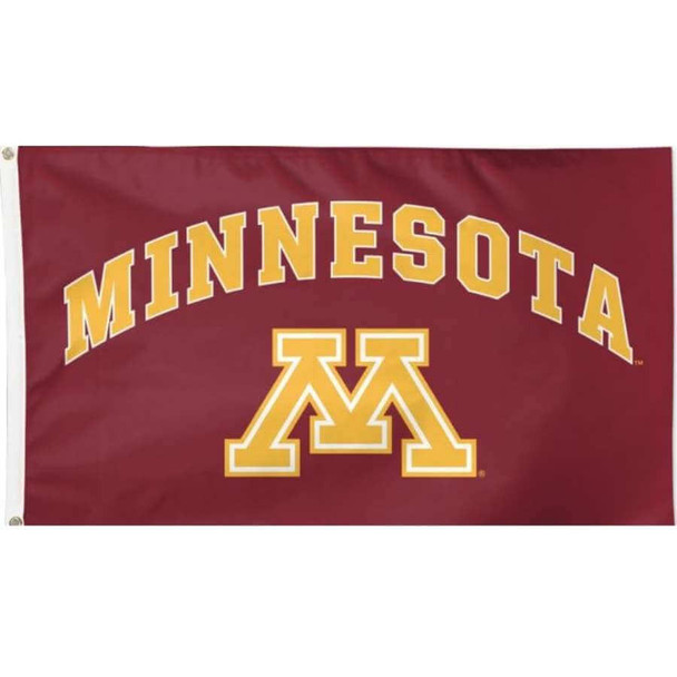 A crimson flag with an emblem of the Minnesota University M logo under the word "Minnesota" in gold.