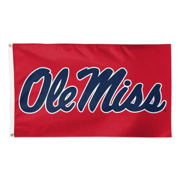 The Mississippi University flag featuring a red field with 'Ole Miss' written on it in navy with a white outline.