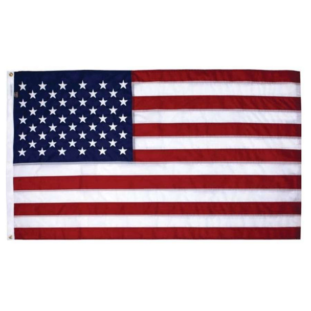The American flag featuring a blue union with 50 white stars. The rest of the flag has 13 red and white alternating stripes.