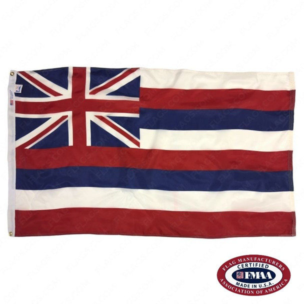 The Hawaii flag has eight alternating horizontal white, red, and blue stripes. The UK Union Flag is in the canton. FMAA Certified Made in America seal.
