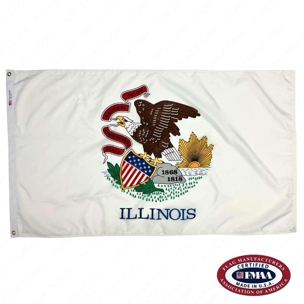 The white Illinois flag has a seal in the center & the text “Illinois” below. The seal comprises a bald eagle, shield, & setting sun. FMAA Certified Made in America seal.