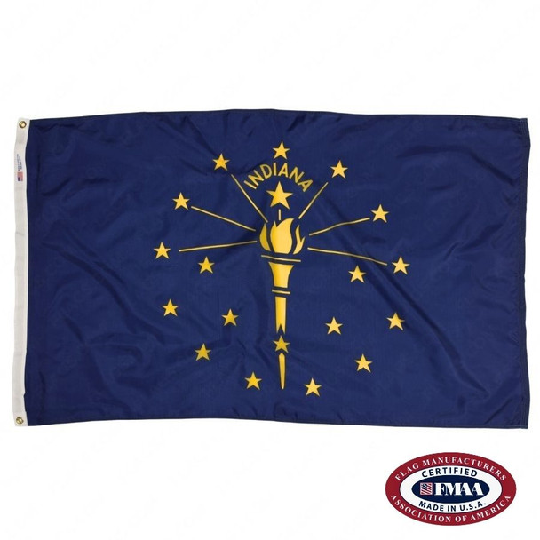 The dark blue Indiana flag depicts a seal that comprises a golden torch encircled by 19 gold stars. FMAA Certified Made in America seal.