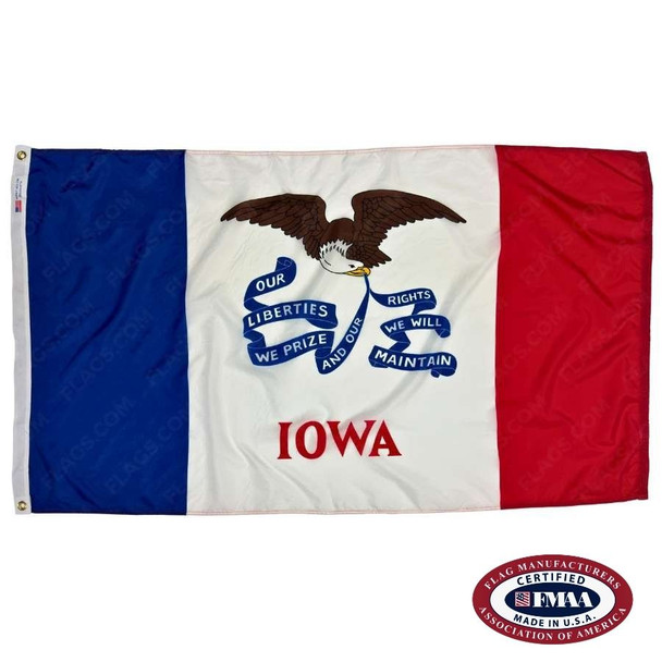 The Iowa flag is a tricolor of blue, white & red. In the center is an eagle holding a banner with the state motto. FMAA Certified Made in America seal.