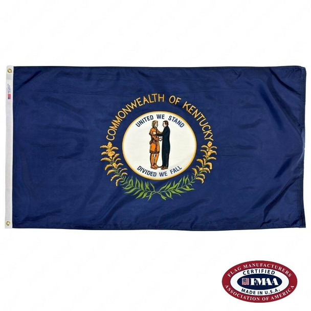 The Kentucky flag displays the state seal over a dark blue field. Inside the seal, a frontiersman and a politician are shaking hands. FMAA Certified Made in America seal.