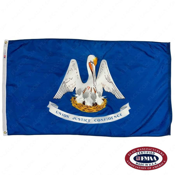 The dark blue Louisiana flag has a pelican in the center, feeding 3 chicks in a nest. Below is a banner that reads “Union, Justice and Confidence.” FMAA Certified Made in America seal.