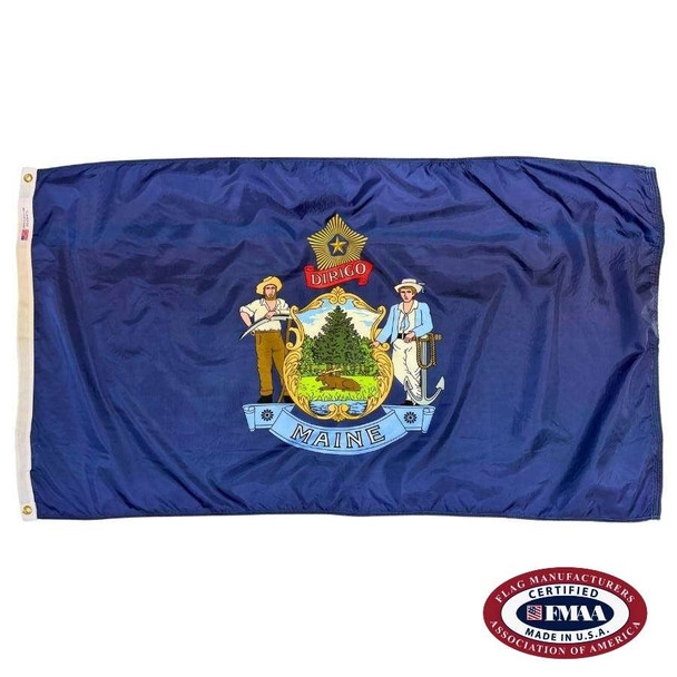 The dark blue Maine flag has a coat of arms in the center, with a pine tree and moose flanked by a farmer and sailor below the North Star. FMAA Certified Made in America seal.