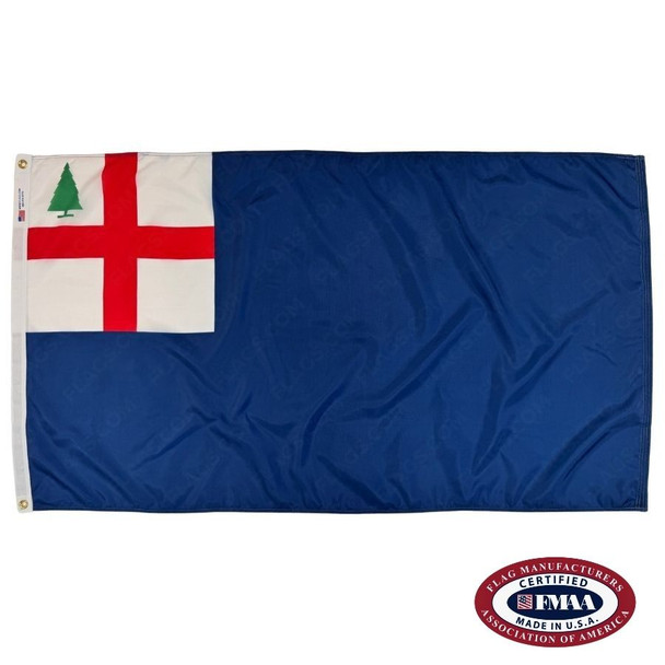 The Bunker Hill flag is dark blue with a white canton containing a red perpendicular cross and a pine tree in the upper left. FMAA Certified Made in America seal.