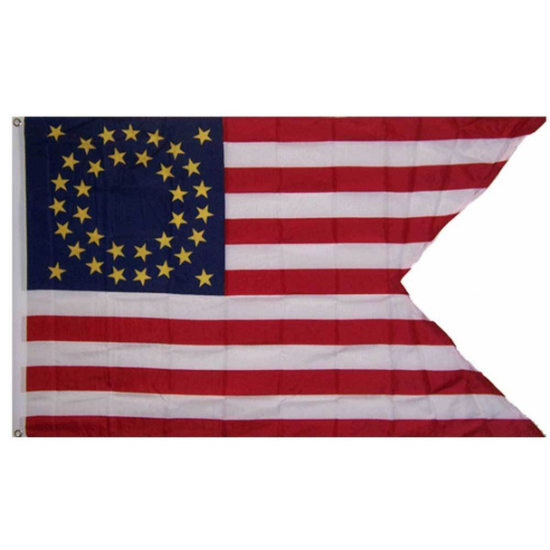 The Cavalry Guidon flag is based on the American flag, with a blue field in the top left corner, with 13 alternating red and white stripes. Major differences are: a large triangle cut horizontally out of the right side of the flag, known as a swallow-tail, and the 35 stars in the blue field are yellow and arranged in two concentric circles with one star in each of the four corners of the rectangular blue field. On the left edge of the flag is a header with rust-proof grommets for raising on a flagpole.