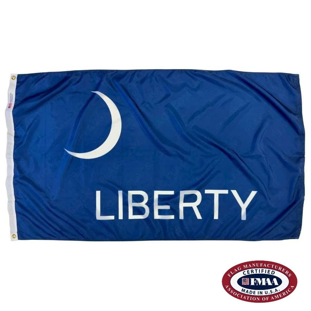 A dark blue flag with a white crescent moon in the upper left and the text “LIBERTY” in white at the bottom. FMAA Certified Made in America seal.