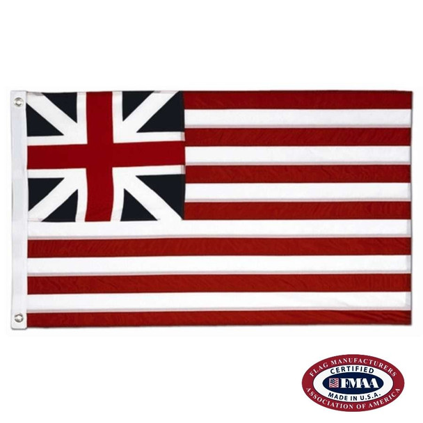 The Grand Union Flag has a dark blue canton with white and red crosses. The rest of the flag has 13 alternating red and white stripes. FMAA Certified Made in America seal.