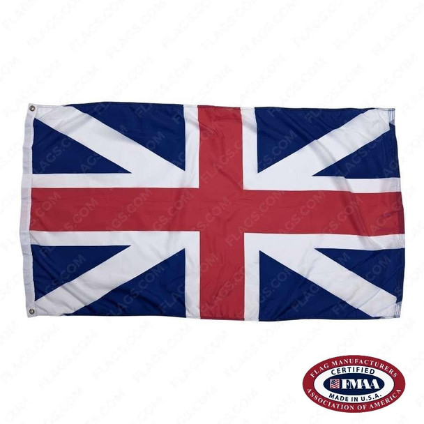 The King’s Colours flag is blue with perpendicular and diagonal white crosses. In the center is a perpendicular red cross. FMAA Certified Made in America seal.
