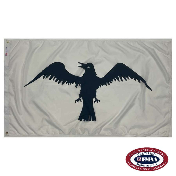 The Raven flag consists of a white background with a stylized runic black raven in its center. It has a canvas header with brass grommets. FMAA Certified Made in America seal.