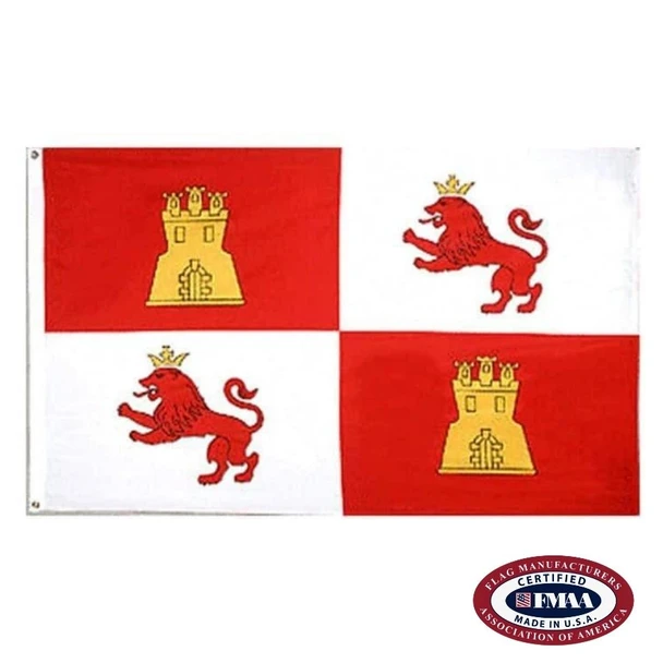 The Castile flag is 4 red and white alternating rectangles. In the red rectangles are castles, and in the white rectangles are lions. FMAA Certified Made in America seal.