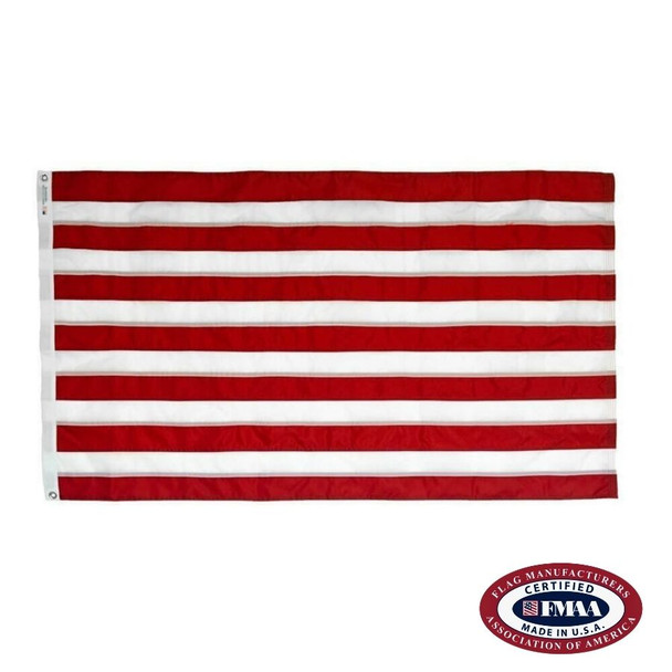 The Sons of Liberty flag features 13 alternating red and white stripes. On the left edge of the flag is a canvas header with tough brass grommets for attaching to flagpoles. FMAA Certified Made in America seal.
