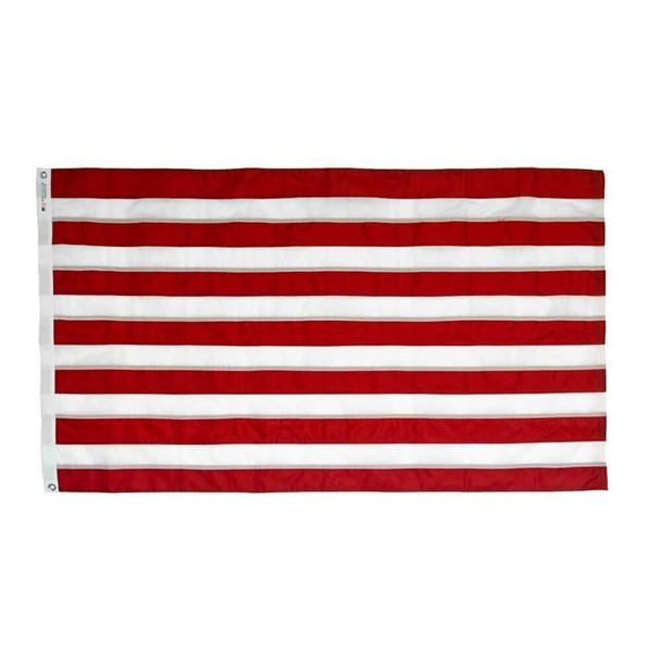 The Sons of Liberty flag features 13 alternating red and white stripes. On the left edge of the flag is a canvas header with tough brass grommets for attaching to flagpoles.