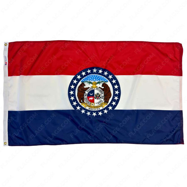 The Missouri flag has 3 horizontal red, white, and blue stripes. In the center is a seal containing 2 bears encircled by stars.