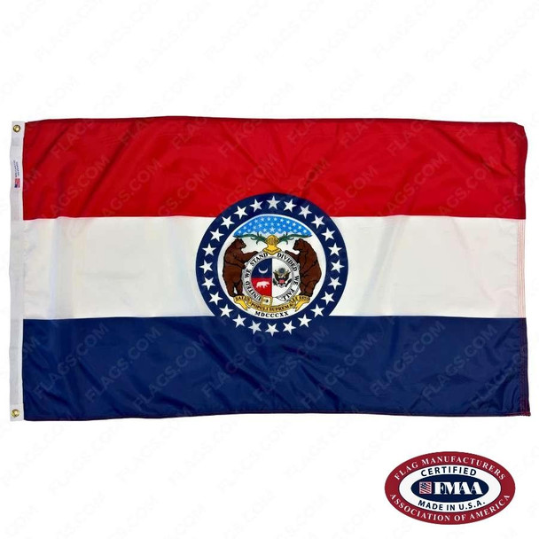 The Missouri flag has 3 horizontal red, white, and blue stripes. In the center is a seal containing 2 bears encircled by stars. FMAA Certified Made in America seal.