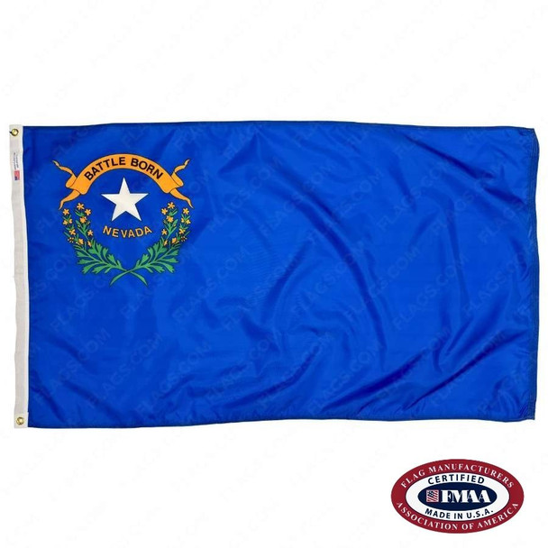 The blue Nevada flag has a seal in the canton, consisting of 2 sagebrush branches around a white star. The motto “Battle Born” is written above. FMAA Certified Made in America seal.