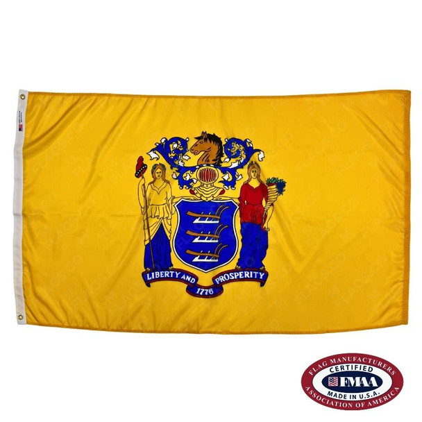 The New Jersey flag has the state seal on a beige field. On the seal, two women flank a blue shield. Above it is a helmet and a horse’s head. FMAA Certified Made in America seal.