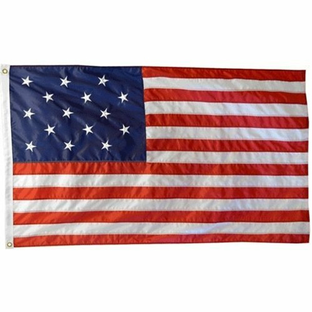 The star-spangled banner has a dark blue canton with 15 white stars. The rest of the flag contains 15 alternating red and white stripes.
