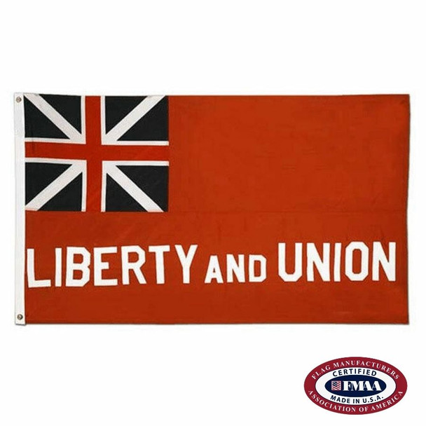 The Taunton flag is red with an early Union Jack in the canton. At the bottom of the flag is the text “Liberty and Union” in white. FMAA Certified Made in America seal.