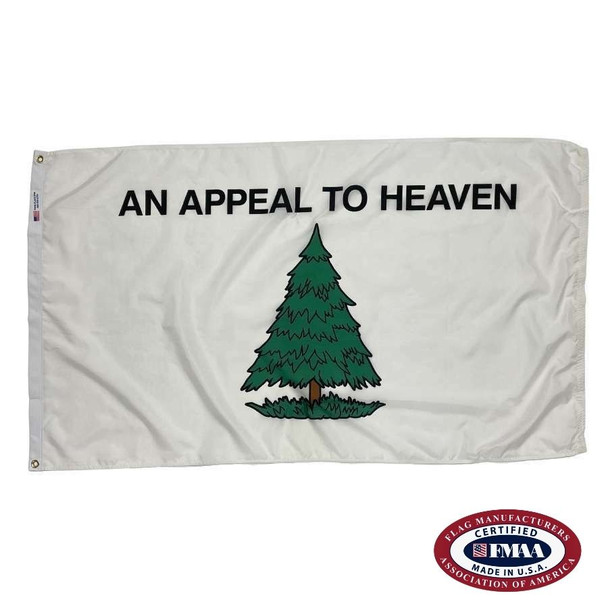 A white Washington Cruisers flag with a green pine tree in the center. Above the tree is black text reading ‘AN APPEAL TO HEAVEN.’ FMAA Certified Made in America seal.