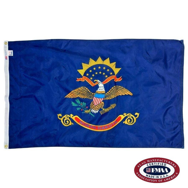 The blue North Dakota flag has a bald eagle in the center, with an American shield on its back. Below is the text “North Dakota” in a banner. FMAA Certified Made in America seal.