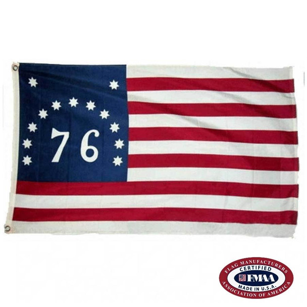 The Bennington flag has 13 alternating stripes of white and red. The blue canton has 13 7-pointed white stars surrounding the text “76”. FMAA Certified Made in America seal.