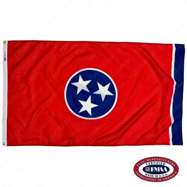 The Tennessee flag is red with a vertical dark blue stripe on the right. In the center is a dark blue circle with three white stars. FMAA Certified Made in America seal.