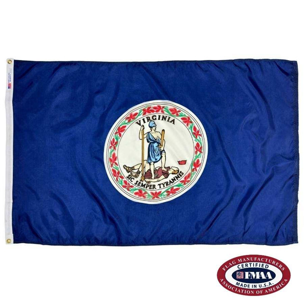 The dark blue Virginia flag has a seal in the center, on which the anthropomorphic Virtue, holding a spear & parazonium, stands over Tyranny. FMAA Certified Made in America seal.