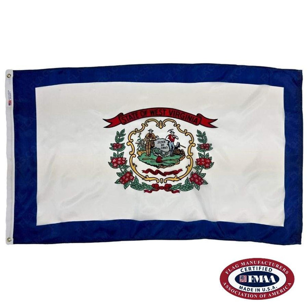 The blue-bordered white West Virginia flag has a seal in the center depicting a farmer & miner above crossed rifles & a cap of liberty. FMAA Certified Made in America seal.