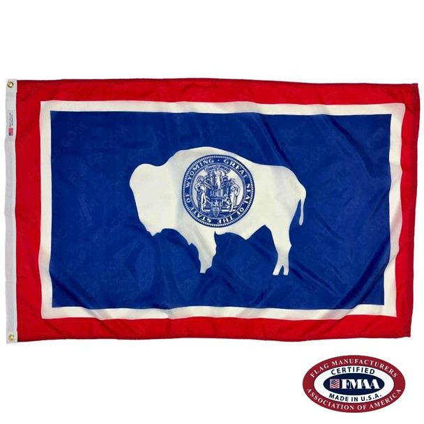 The Wyoming flag is blue with a red and white border. In the center is a white bison with the state seal in blue on its side. FMAA Certified Made in America seal.