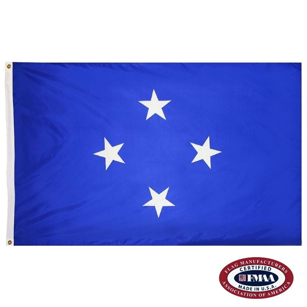 The Micronesia flag is blue with four white 5-pointed stars in the center in the shape of a diamond. FMAA Certified Made in America seal.