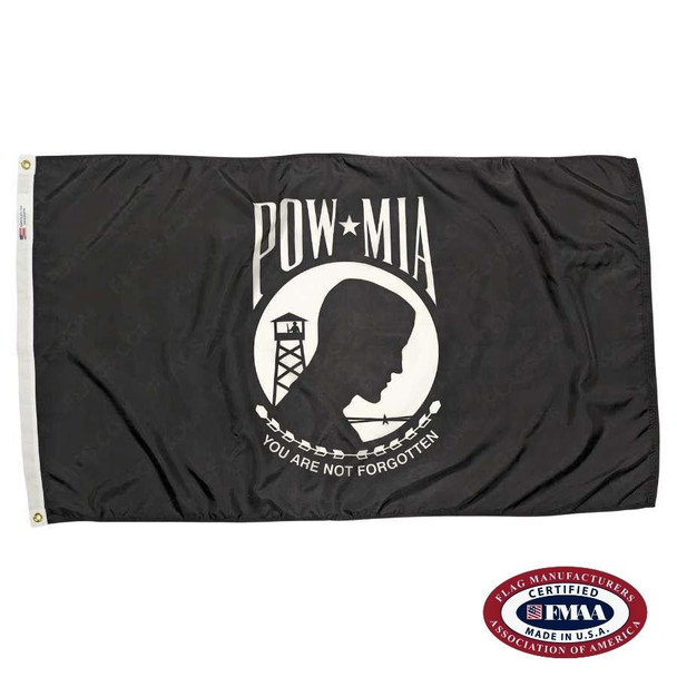 The POW/MIA flag is black with a white emblem in the center, depicting a prisoner of war in front of a watch tower and barbed wire. FMAA Certified Made in America seal.