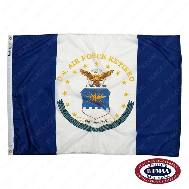 A flag containing a field of 3 vertical stripes colored blue, white, and blue. The middle white stripe has the seal of US retired Air Force veterans. FMAA Certified Made in America seal.