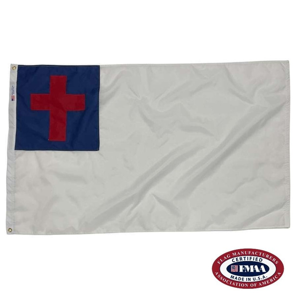 The white Christian flag has a dark blue canton in the upper left corner. There is a red cross inside the blue square. FMAA Certified Made in America seal.
