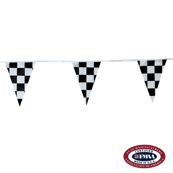 Three black and white checkered pennant flags are attached to a white rope. FMAA Made in America seal.