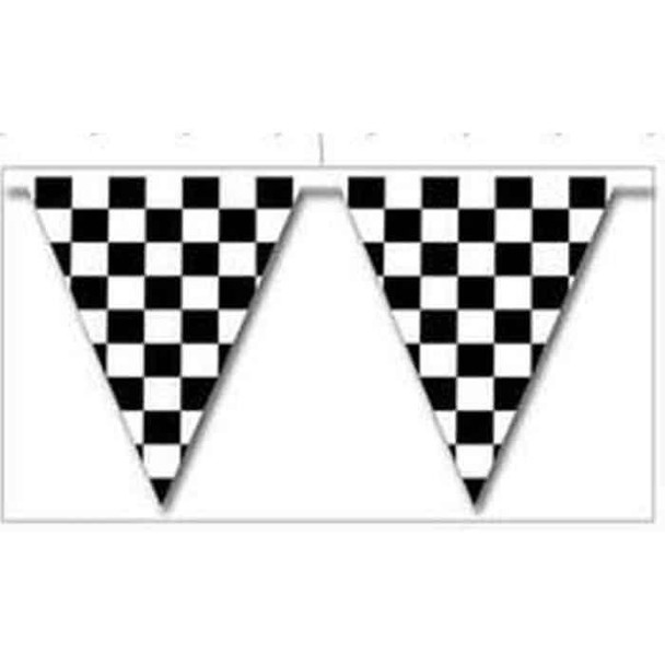 Two black and white checkered pennant flags are attached to a white rope.