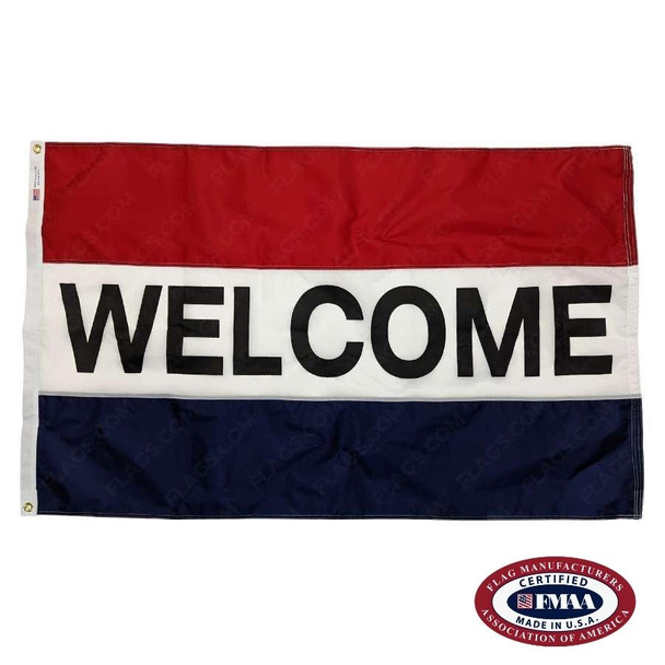 A flag with red, white, and blue horizontal stripes. In the middle is a black, bolded text that reads “WELCOME.”