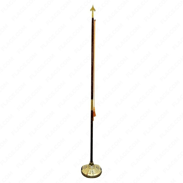 A 2-piece indoor flag pole & stand made from oak & brass. The pole is topped with an army spear ornament.