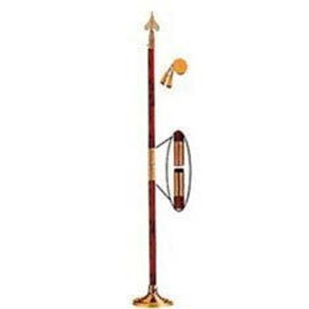 A 2-piece indoor flag pole & stand made from oak & brass. The pole is topped with an army spear ornament, & a rolled-up cord is shown next to it.