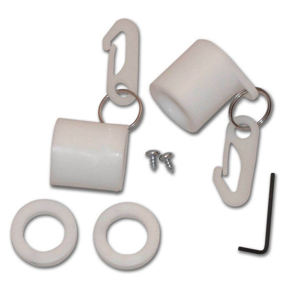 An anti-furling kit for flags with 2 screws, a wrench, 2 rings, and 2 white plastic hollow cylinders with clips attached using metal rings.