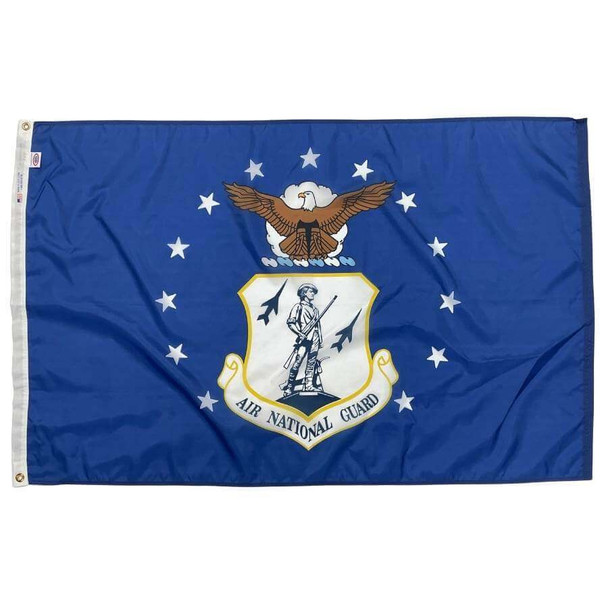 The Air National Guard flag has a dark blue background with the Guard’s seal in the center, below a bald eagle, and surrounded by stars.