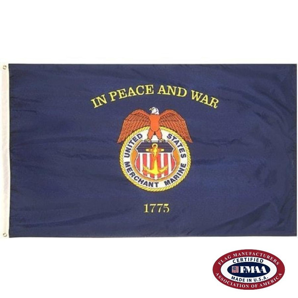 The Merchant Marines' flag has a dark blue field with the text “IN PEACE AND WAR” written above the Marines' seal and “1775” below. FMAA Certified Made in America seal.